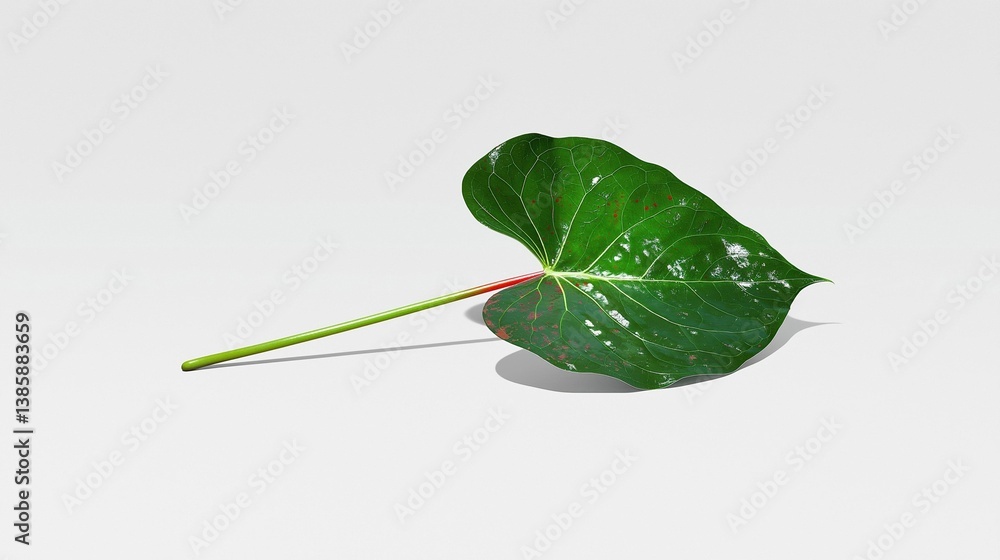 Poster 3d rendering of a single green leaf with a long stem. the leaf is large and has a pointed tip. it ha