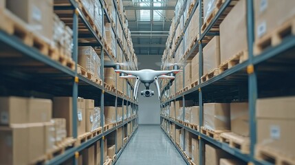 Fototapeta premium A state-of-the-art logistics hub with a drone navigating through shelves, optimizing warehouse storage.