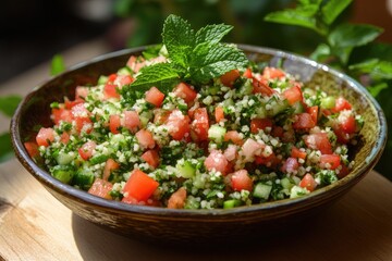 A close up of tabbouleh salad in a bowl with mint garnish on a wooden surface and blurred background