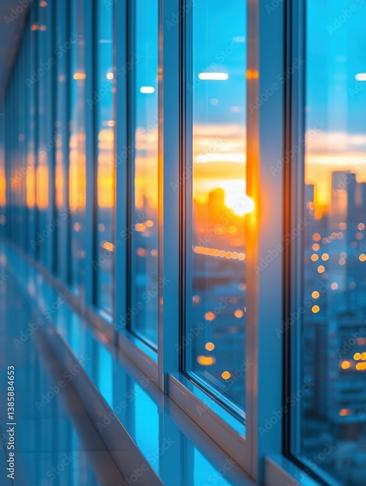 Poster serene sunset cityscape view through office window with modern architecture and vibrant colors creat