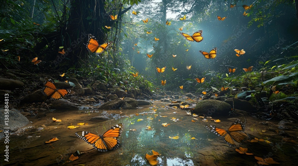 Aufkleber a stunning array of butterflies fluttering around a sparkling puddle in a tropical rainforest.