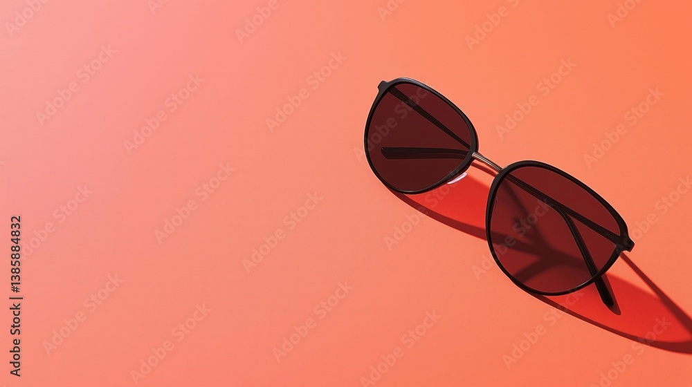 Poster 3d rendering of a pair of sunglasses on a coral-colored background. the sunglasses are black in colo
