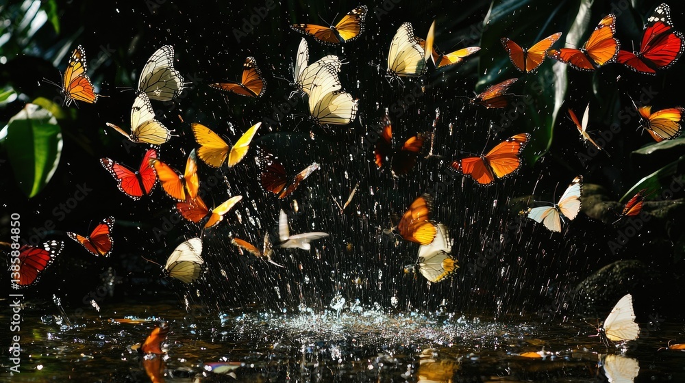 Poster a stunning array of butterflies fluttering around a sparkling puddle in a tropical rainforest.