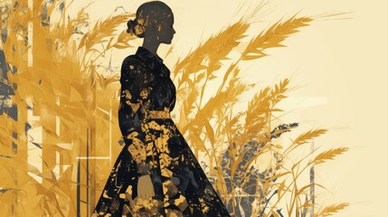 Side silhouette of woman in dark floral dress, surrounded by wheat field