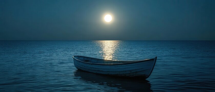 Serene seascape with a solitary boat under a luminous moon casting a shimmering reflection on the tranquil water creating a peaceful and dreamy atmosphere