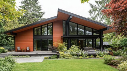 A stylish, high-end home with a geometric design, panoramic windows, and an inviting front yard, perfect for modern living.