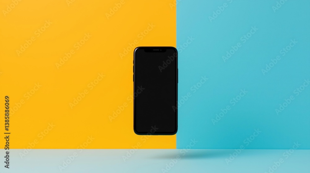 Poster black smartphone with a blank screen on a blue and yellow background. the phone is positioned in the