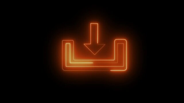 Neon orange download icon, glowing arrow pointing down, abstract tech symbol, minimalist design, dark background