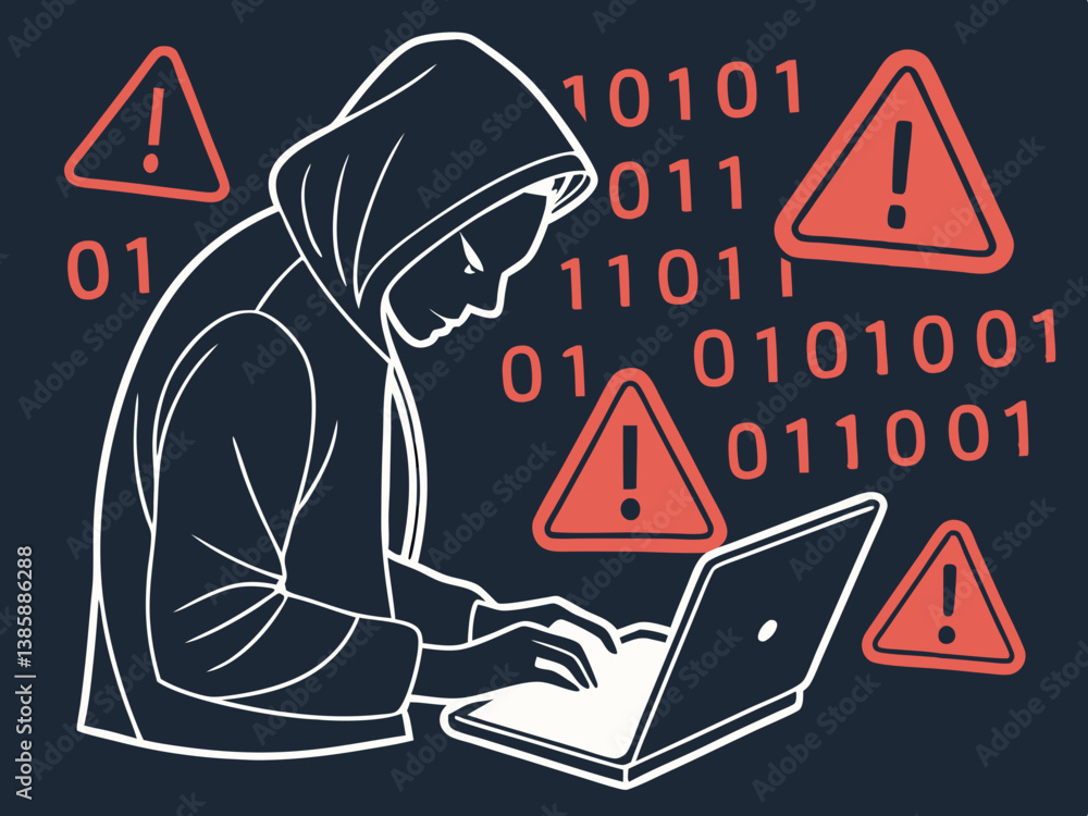 Poster scam alert vector illustration with hooded hacker and warning icons