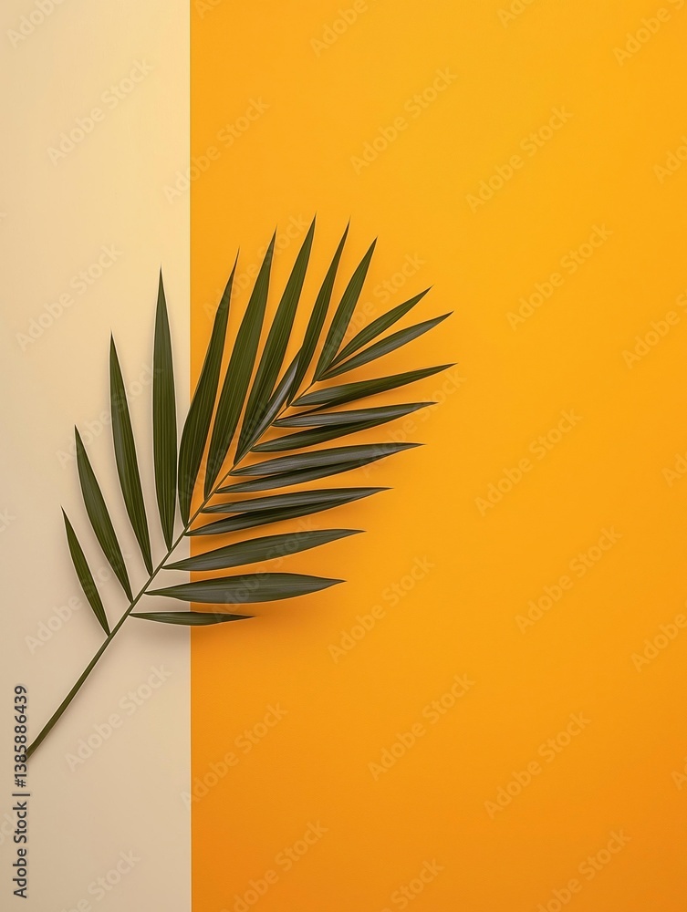 Poster flat lay of a single palm leaf on an orange and beige background. the leaf is in the center of the i