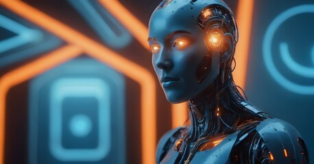 Futuristic AI Representation: Glowing Blue and Orange Digital Head Surrounded by Moving Data and Circuits, Concept Art