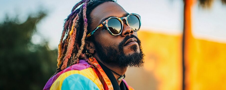 Stylish young black man with dreadlocks and sunglasses, sporting a vibrant jacket, strikes a pose in an urban setting