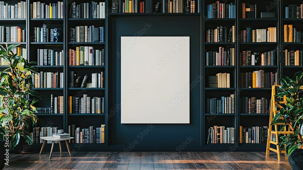 Poster a stylish office with a blank canvas mockup positioned between modern bookshelves in a minimalist se
