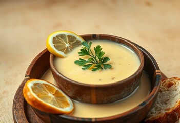 A steaming hot bowl of Avgolemono Soup with parsley and lemon