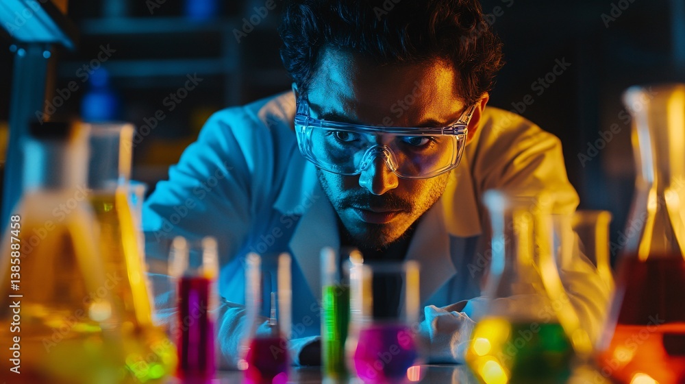 Poster scientist wearing safety glasses is focused on conducting an experiment with vibrant test tubes in a