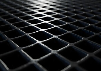 Detailed Close-Up of Dark Metal Grid Abstract Geometric Pattern, Industrial Texture, Square Holes, Black Steel Surface.