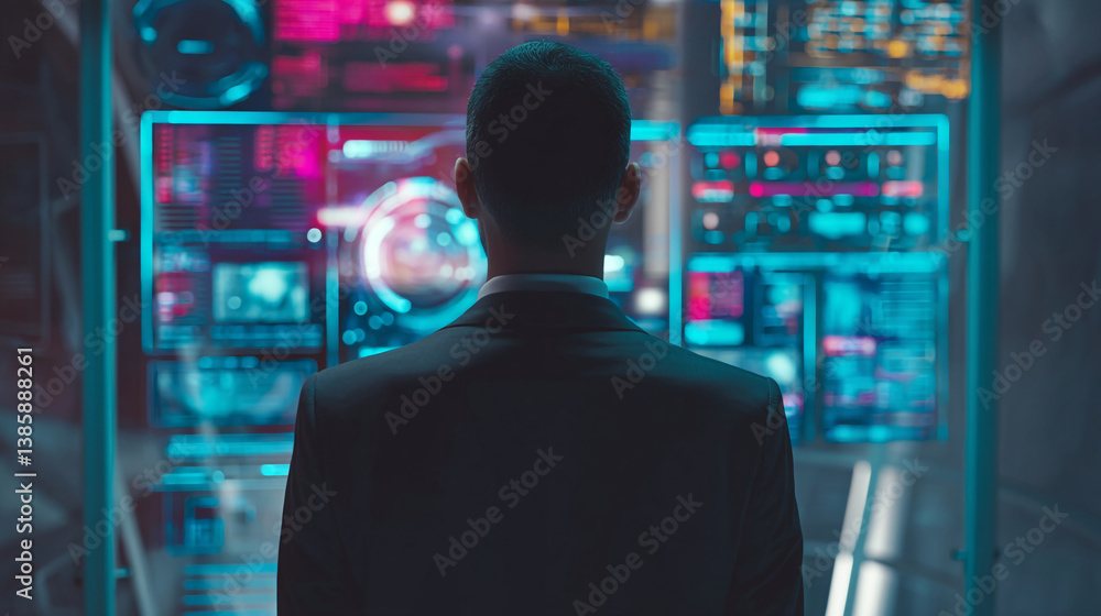 Poster a man in a suit facing a large screen displaying complex data in a futuristic environment setting