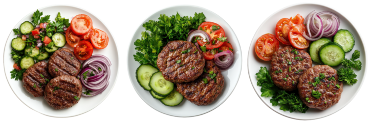 Grilled meat patties with fresh cucumber tomato and red onion.