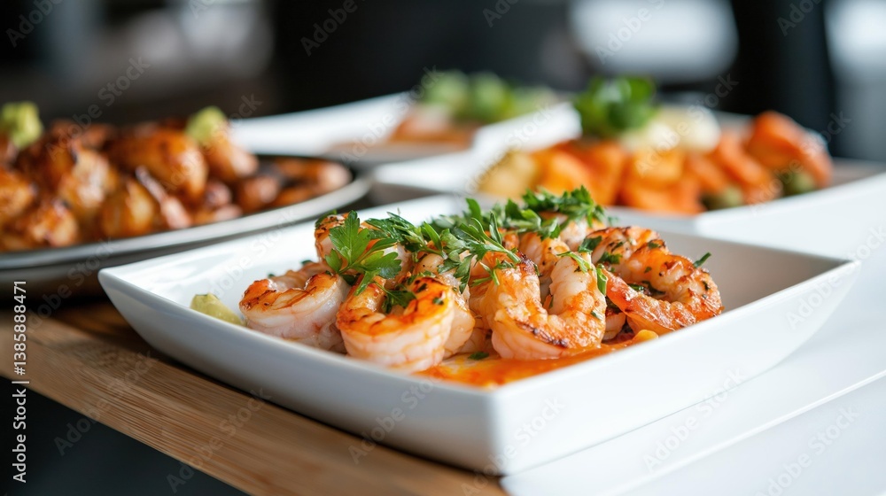 Poster three white rectangular plates with cooked shrimp on them. the shrimp are arranged in a row and are 