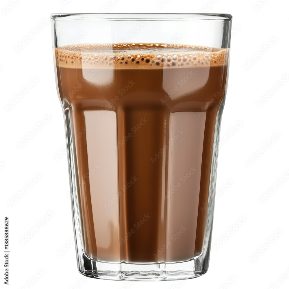 Poster close-up of a glass of coffee with rich brown color and creamy foam sitting on a wooden table in a r