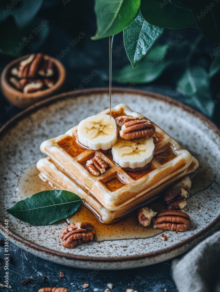 Poster delicious homemade waffles with banana slices and pecans drizzled with maple syrup in rustic setting