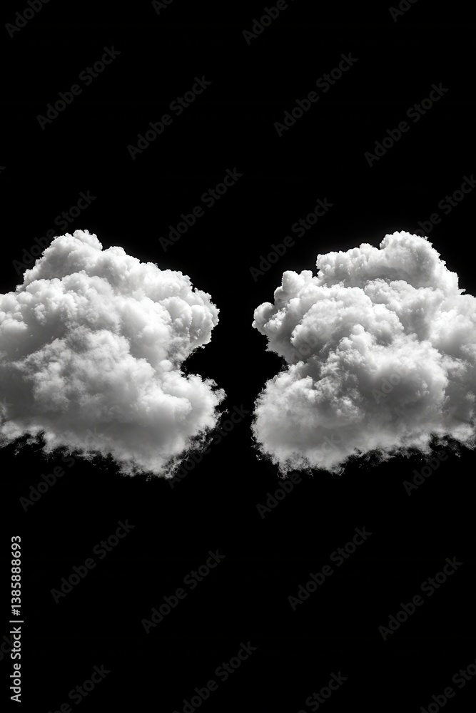 Poster two fluffy clouds against a stark black backdrop creating a dramatic contrast and emphasizing the cl