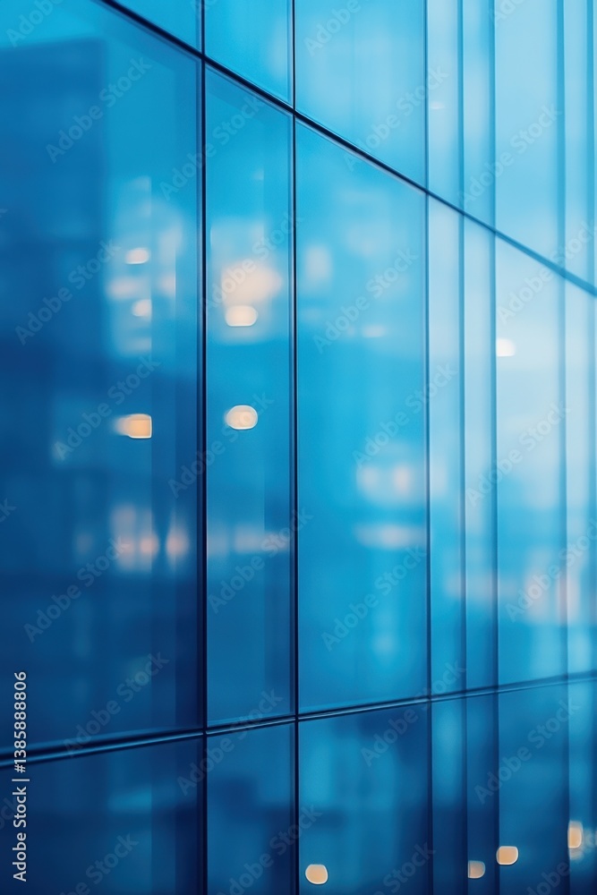 Poster modern architecture with blue glass facade reflecting city lights in a geometric pattern creating a 