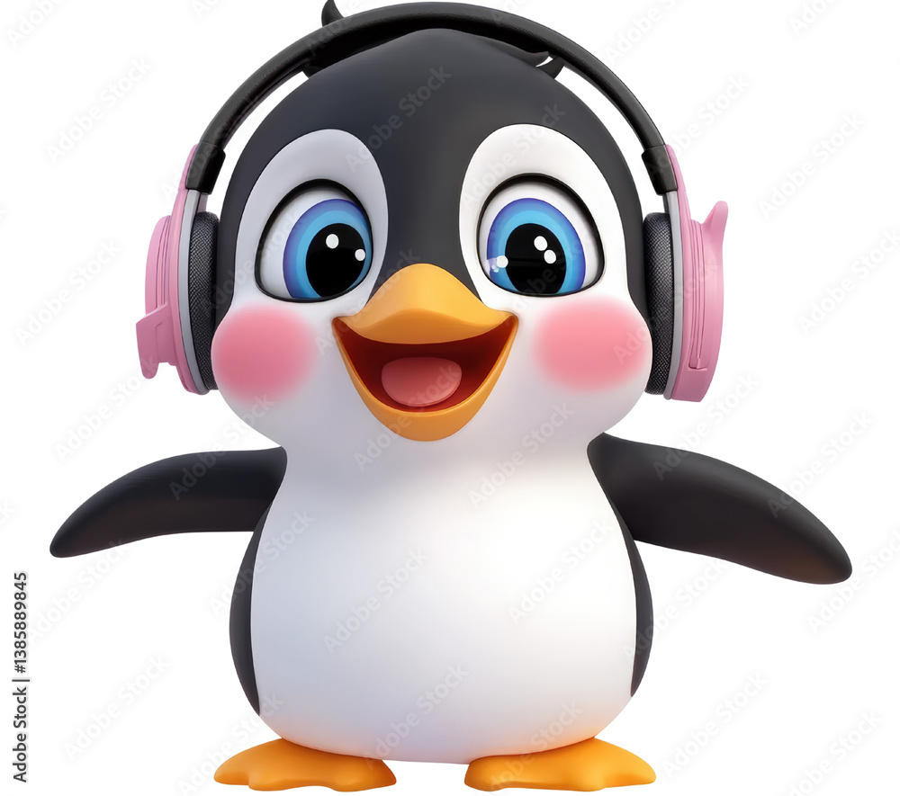 Poster adorable penguin wearing headphones enjoying music in a fun and whimsical setting with playful chara