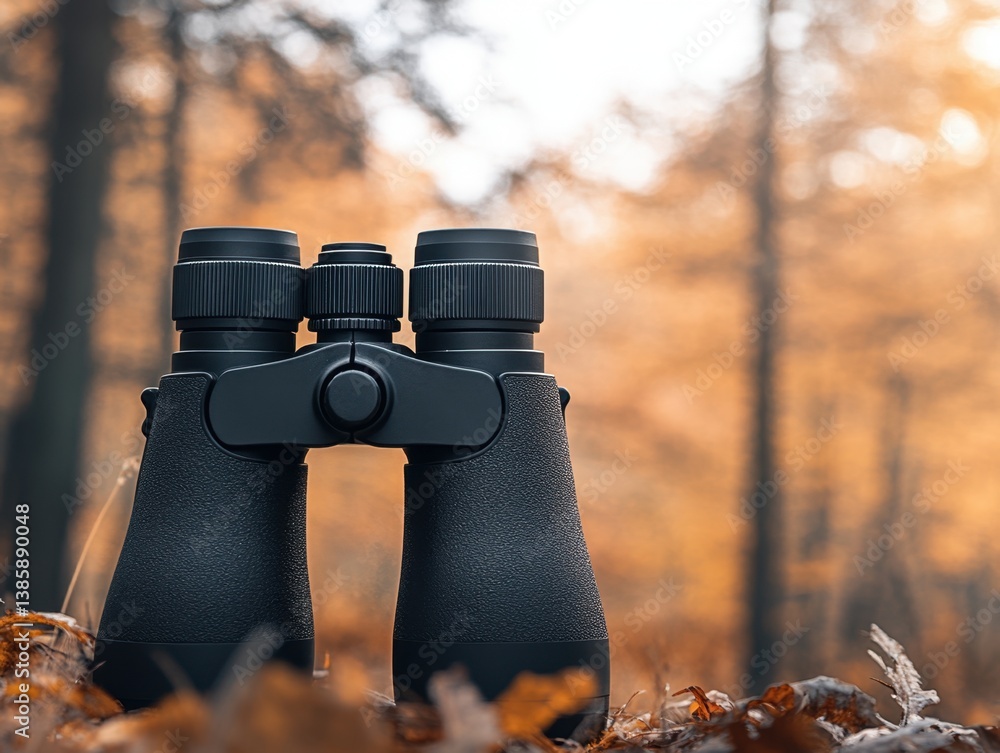 Poster captivating binoculars in a serene autumn forest setting with blurred trees and warm bokeh light enh