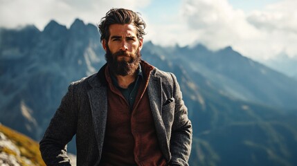 Hiker with a beard pauses to pose for a break in the mountains