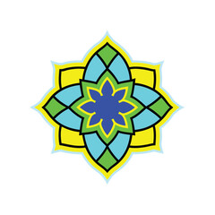 Yellow star icon on white background with a burst design, symbolizing summer and sunshine, Islamic ornament 