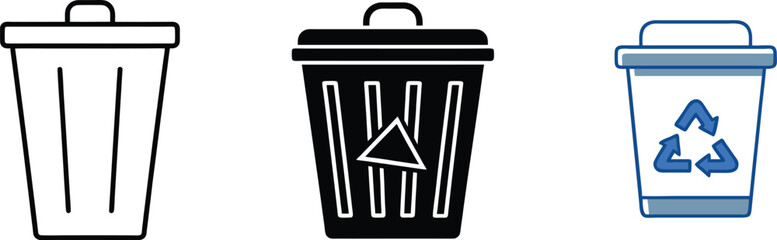 Waste Disposal Icons Trash Can, Recycling Bin, Rubbish