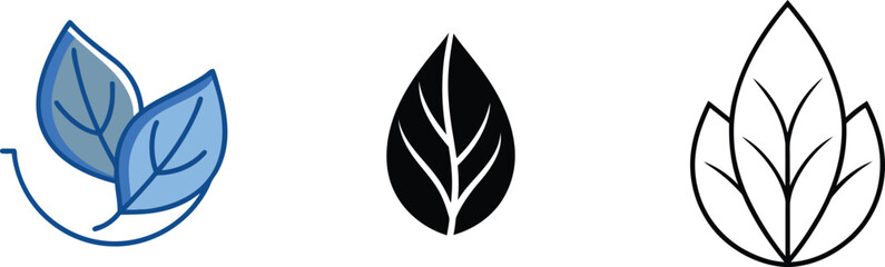 Leaf Icons Blue, Black, and Line Art Designs