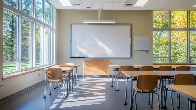 A well-lit, modern classroom featuring warm wooden furniture, a large whiteboard, and subtle ambient lighting.
