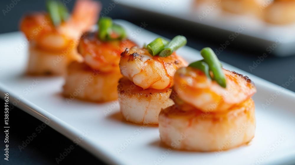 Poster white rectangular plate with four small shrimp on it. the shrimp are arranged in a row and appear to
