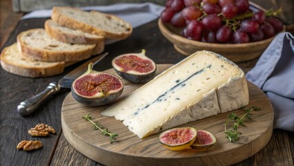 Morbier cheese wedge on rustic wooden board with crusty bread, fresh figs, and grapes, warm soft lighting, cozy gourmet setup ideal for cheese pairing and culinary scenes