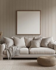 Elegant Living Room Interior with Beige Sofa Cushions and Blank Frame for Art Display in a Modern Home