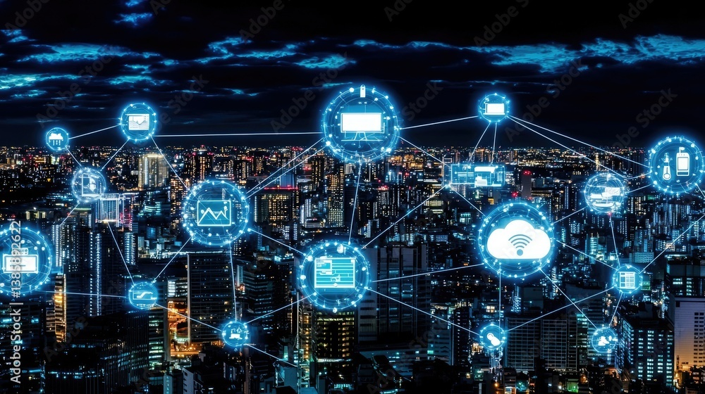 Aufkleber abstract blue digital network displaying plm-related icons and elements, symbolizing innovation in p