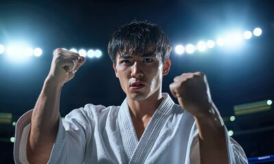 Determined Male Martial Artist in White Gi with Raised Fists in Competitive Arena with Bright Lights