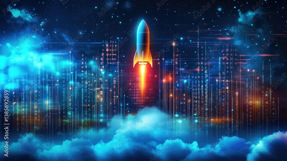 Poster abstract concept of a business startup with a rocket soaring through digital data clouds.