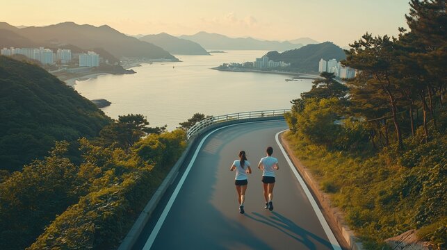 Two runners jog along a scenic coastal road, surrounded by mountains and a tranquil bay, under a warm sunset.