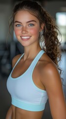 A smiling woman in athletic wear poses in a well-lit space, exuding confidence and vitality.