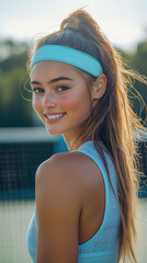 A young woman with a ponytail smiles confidently, wearing a light blue sports outfit and headband, set against a tennis court backdrop.