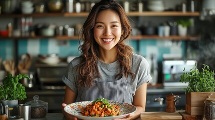 A smiling woman holds a colorful plate of food in a cozy kitchen, surrounded by plants and kitchenware, radiating joy and culinary passion.