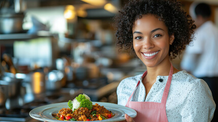 A smiling woman holds a colorful plate of food in a kitchen, showcasing her culinary skills with vibrant ingredients and a friendly demeanor.