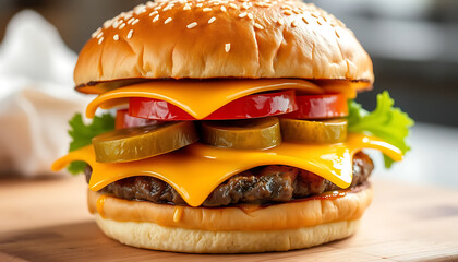 Triple Cheeseburger with Melted Cheddar, Pickles, Lettuce, and Fresh Tomatoes