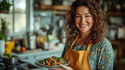 A smiling woman in a colorful apron holds a plate of healthy food in a cozy kitchen, showcasing a joyful cooking moment.