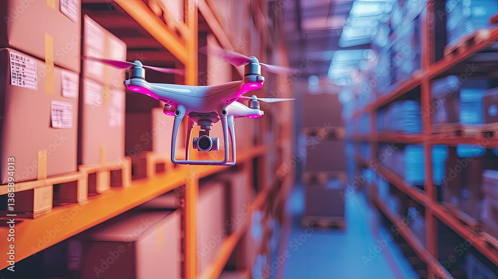 Poster an autonomous drone performs inventory checks in a futuristic warehouse, scanning barcodes with prec