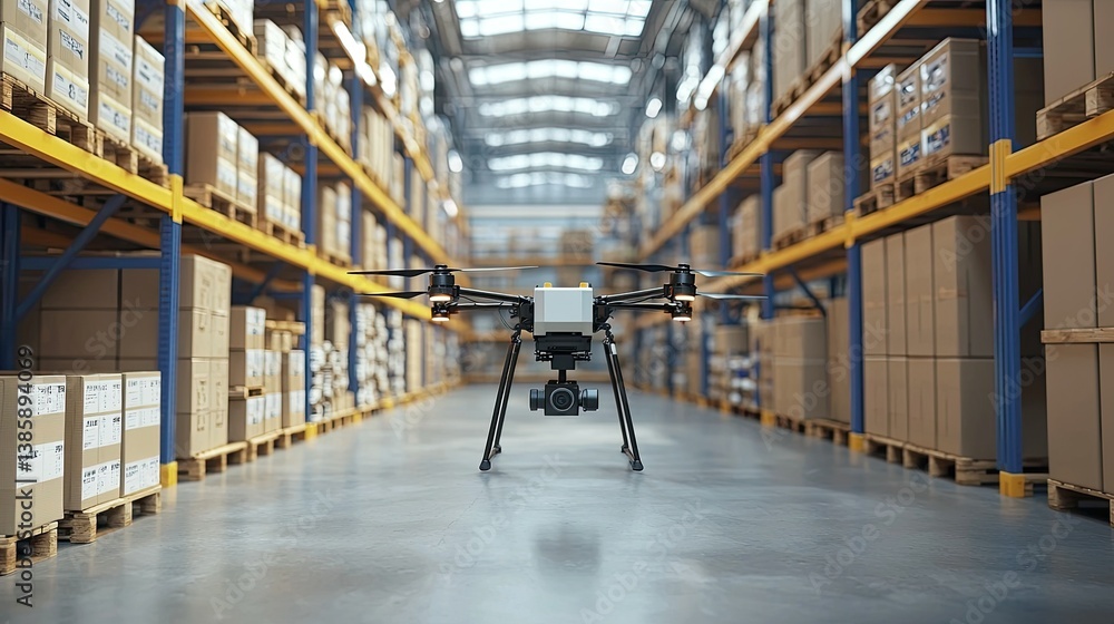 Poster an autonomous drone performs inventory checks in a futuristic warehouse, scanning barcodes with prec