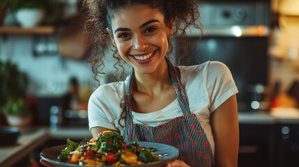 A smiling woman holds a colorful plate of food, showcasing her cooking skills in a cozy kitchen setting.